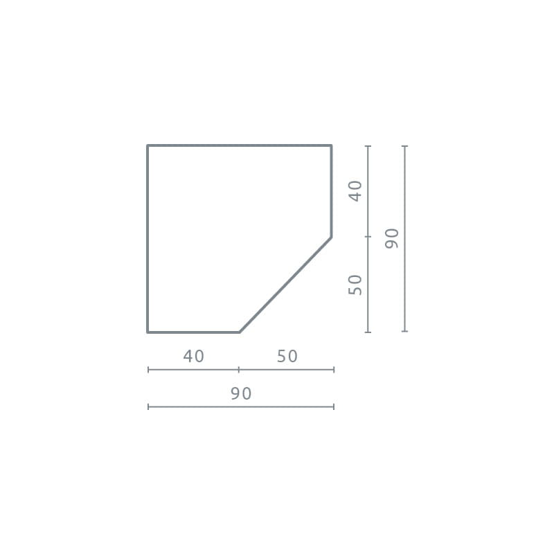 Maßskizze für ein Eckregal oder eine Tischplatte mit den Abmessungen 90x90 cm.