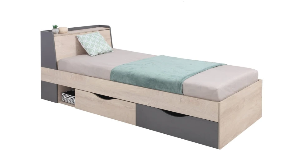 Modernes Jugendbett in Eiche-Optik mit grauem Kopfteil und praktischen Bettschubladen für Stauraum.