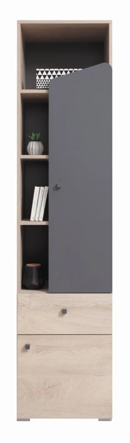 Moderner hoher Schrank in Eichenoptik mit grauer Tür und zwei Schubladen.