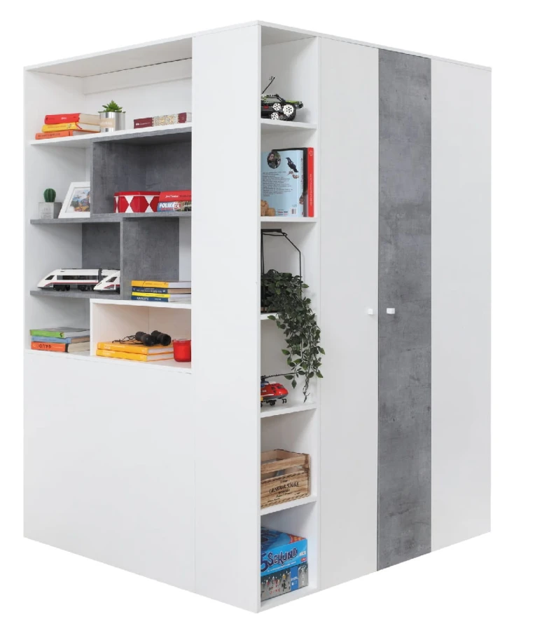 Weißer Eckkleiderschrank mit integriertem Regal in Betonoptik.