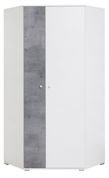 Moderner Eckschrank in Weiß mit Akzenten in Betonoptik.