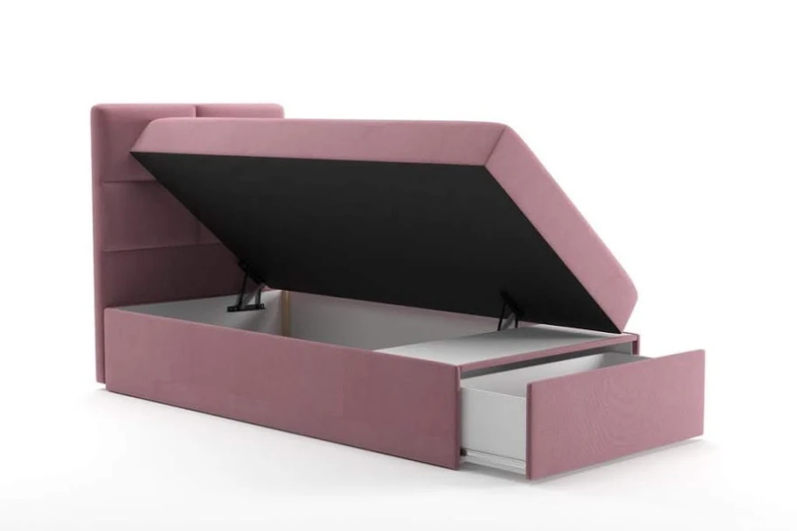 Rosa Stauraumbett mit aufklappbarem Bettkasten und Schublade freigestellt vor weißem Hintergrund.