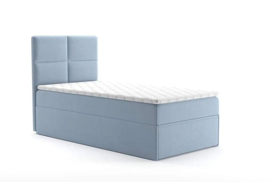 Hellblaues Einzelbett Polsterbett mit hohem Kopfteil auf weißem Hintergrund.