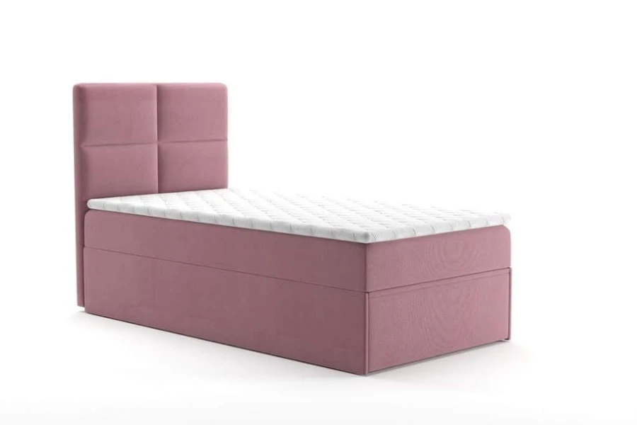 Polsterbett Einzelbett in Altrosa mit gepolstertem Kopfteil für Kinderzimmer.