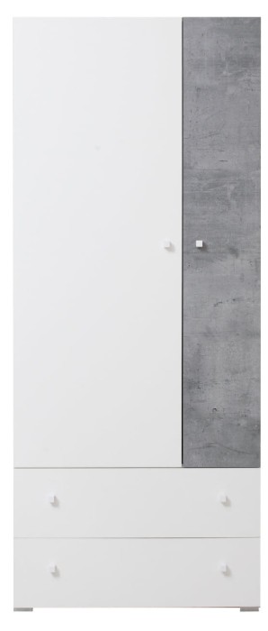 Schmaler Kleiderschrank in Weiß-Grau Kombination mit zwei Schubladen, ideal für kleine Räume.