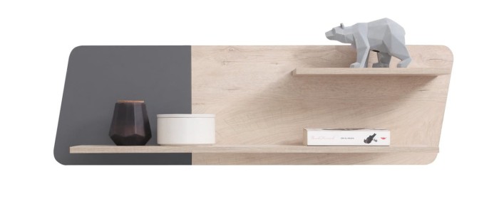 Modernes Wandregal in Eiche-Nachbildung und Grau für das Wohnzimmer.