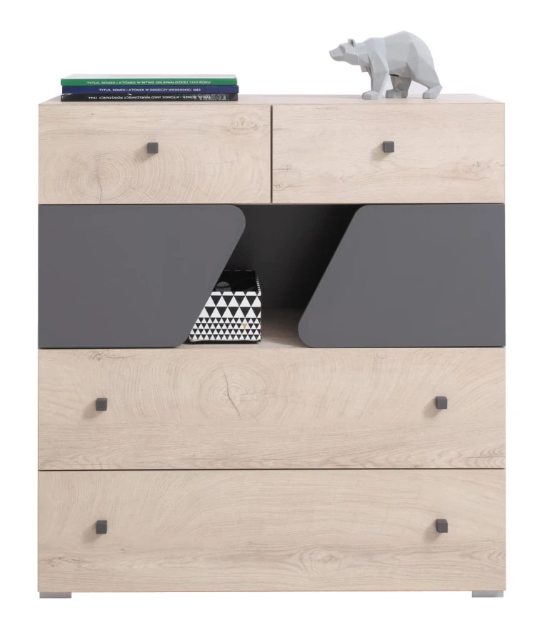 Stylish chest of drawers in oak-look and grey with geometric design.