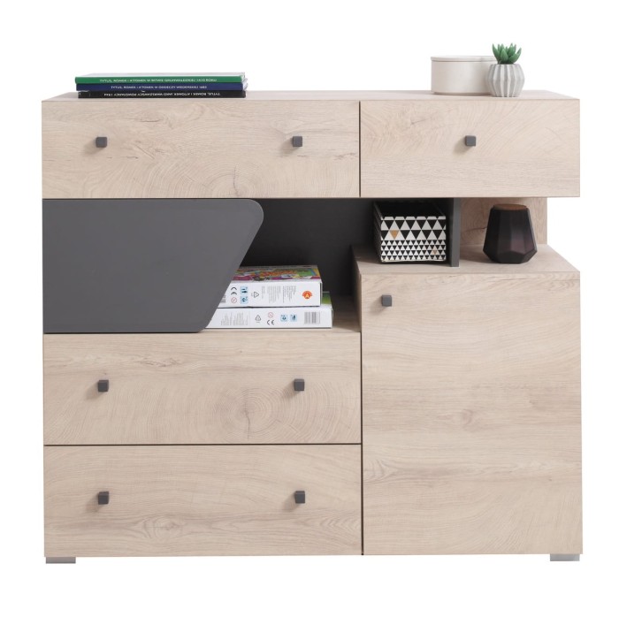 Modernes Sideboard in Eiche Artisan Optik mit grauen Details und Schubladen.