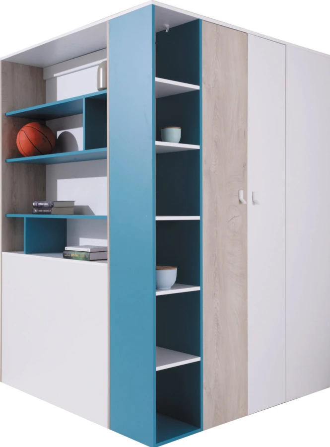 Platzsparender Eckkleiderschrank mit offenem Regal für das Jugendzimmer in Blau-Weiß.