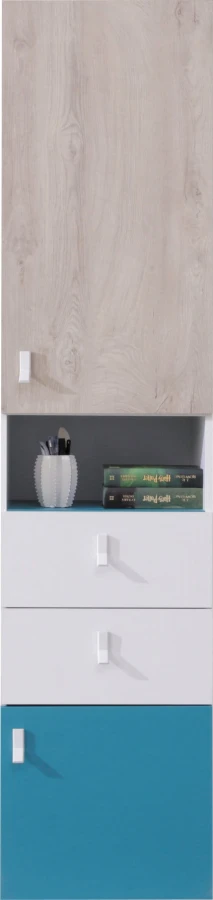 Schmaler Hochschrank mit Türen und Schubladen in Weiß, Blau und Holz-Optik.