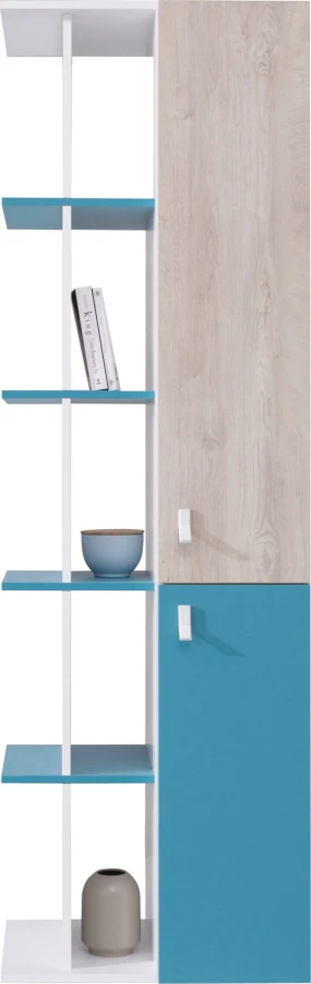 Hohes Standregal mit offenen Fächern und Türen im modernen Weiß-Blau-Design.