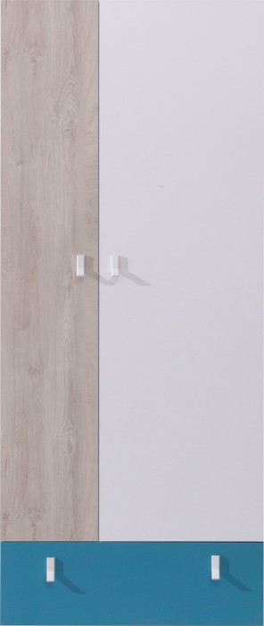Moderner 2-türiger Kleiderschrank in Weiß und Eiche-Optik mit blauem Schubkasten.