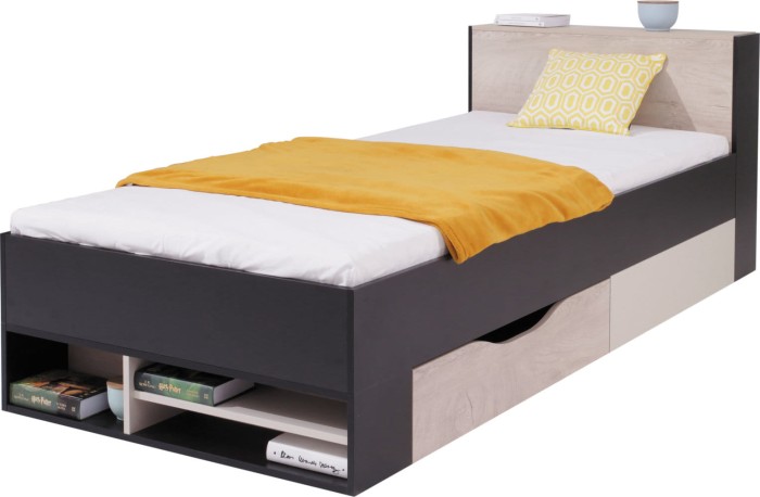 Modernes Funktionsbett in Schwarz und Eiche mit praktischen Schubladen und Stauraum.