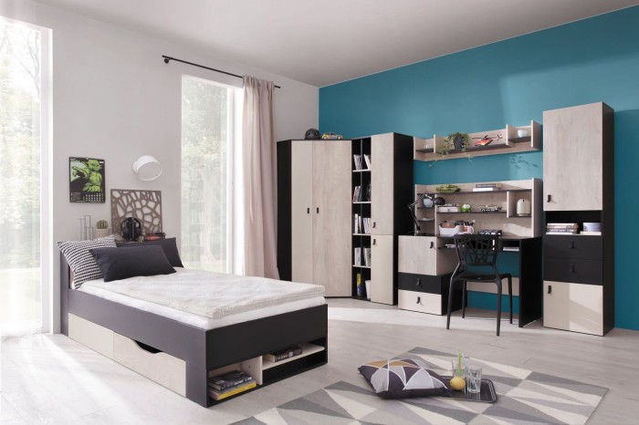 Modernes Jugendzimmer-Set mit Bett, Schreibtisch und Eckkleiderschrank in Anthrazit und Eiche.