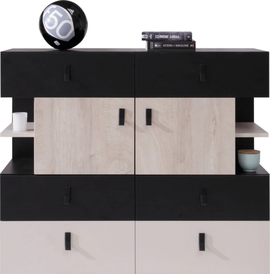 Moderne Kommode in Anthrazit und Eiche mit Schubladen und Türen für Ordnung im Jugendzimmer.