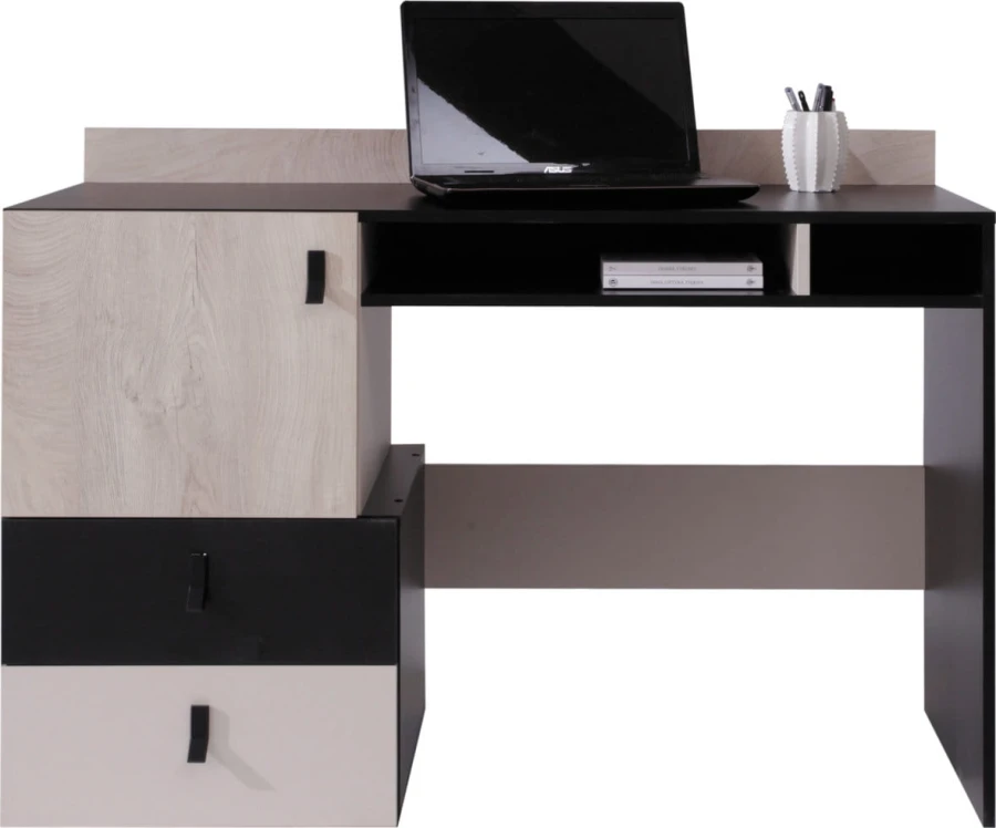 Moderner Schreibtisch in Schwarz und Holzoptik mit Schubladen und Stauraum für das Home Office.