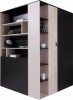 Multifunktionaler Eckschrank mit offenen Regalen in Schwarz und Eiche-Nachbildung für Jugendzimmer.