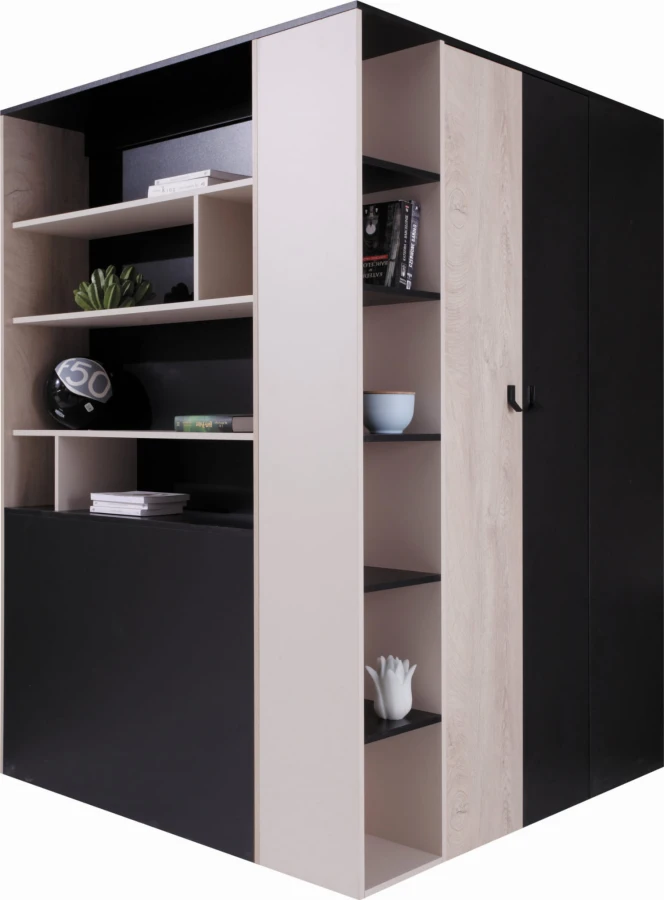 Multifunktionaler Eckschrank mit offenen Regalen in Schwarz und Eiche-Nachbildung für Jugendzimmer.