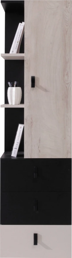 Moderner Schrank mit heller Holztür, offenen Seitenregalen und Schubladen in Schwarz und Weiß.