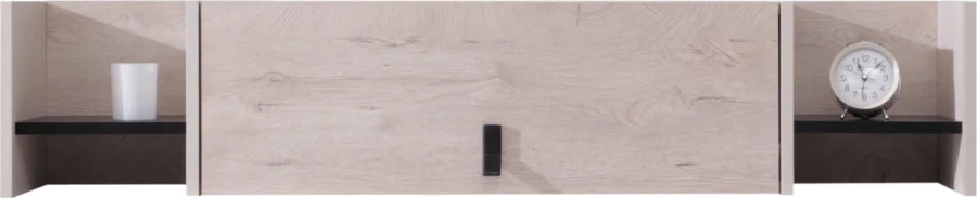 Modernes Wandregal in Eiche-Optik mit Wecker und kleiner Kerze.