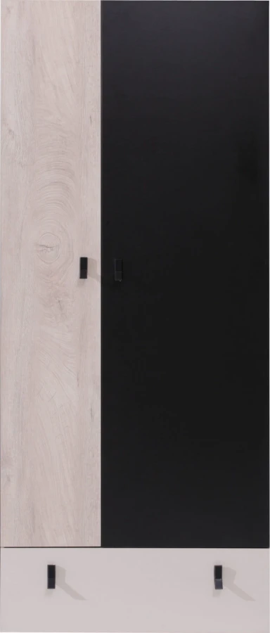 Moderner zweitüriger Kleiderschrank in Schwarz und Eiche-Optik mit einer Schublade.
