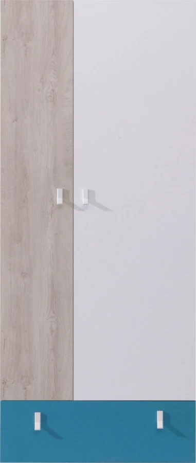 Moderner Kleiderschrank in Weiß, Eiche-Optik und Blau für das Kinderzimmer.