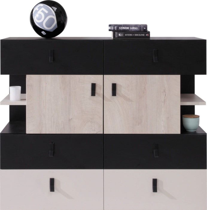 Modernes Sideboard in Schwarz, Lichtgrau und Eichenoptik mit praktischen Schubladen und Türen.