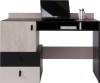 Schwarzer Schreibtisch mit Fronten in Holzoptik und Hellgrau.