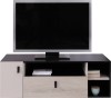 Modernes TV-Lowboard in Schwarz und heller Holzoptik mit Fernseher.