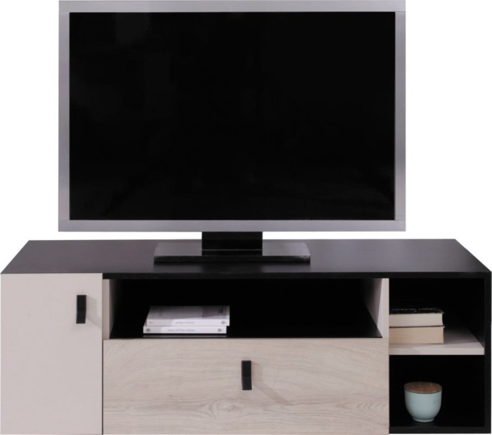 Modernes TV-Lowboard in Schwarz und heller Holzoptik mit Fernseher.