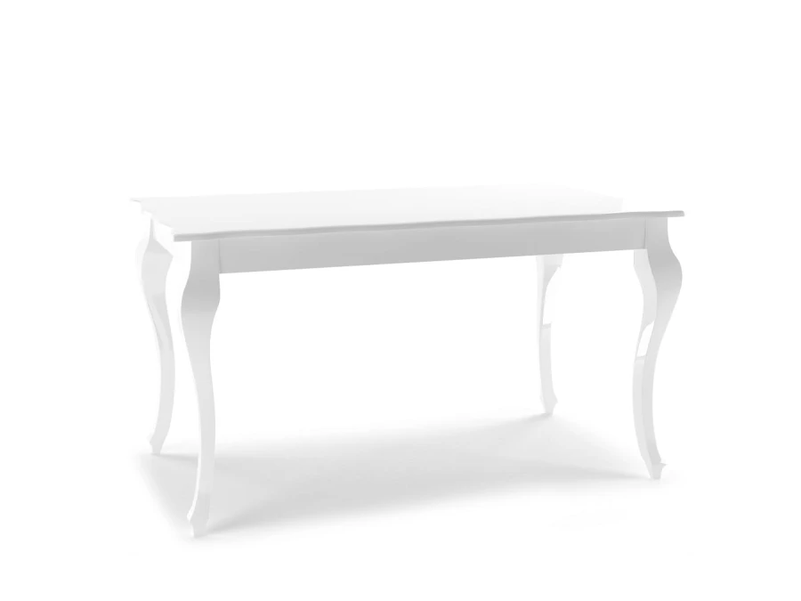 Elegant white dining table in a classic design with decoratively curved table legs.