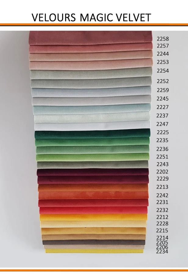 Farbauswahl für Magic Velvet Velours-Stoffmuster in verschiedenen Tönen für Polstermöbel.