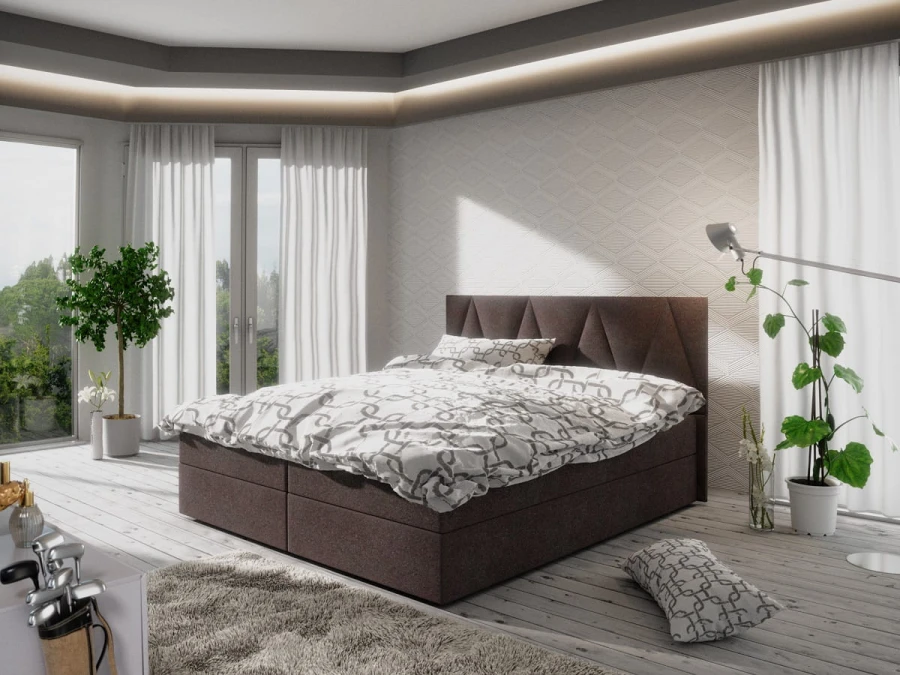 Braunes Boxspringbett mit modernem Polster-Kopfteil in hellem Schlafzimmer.