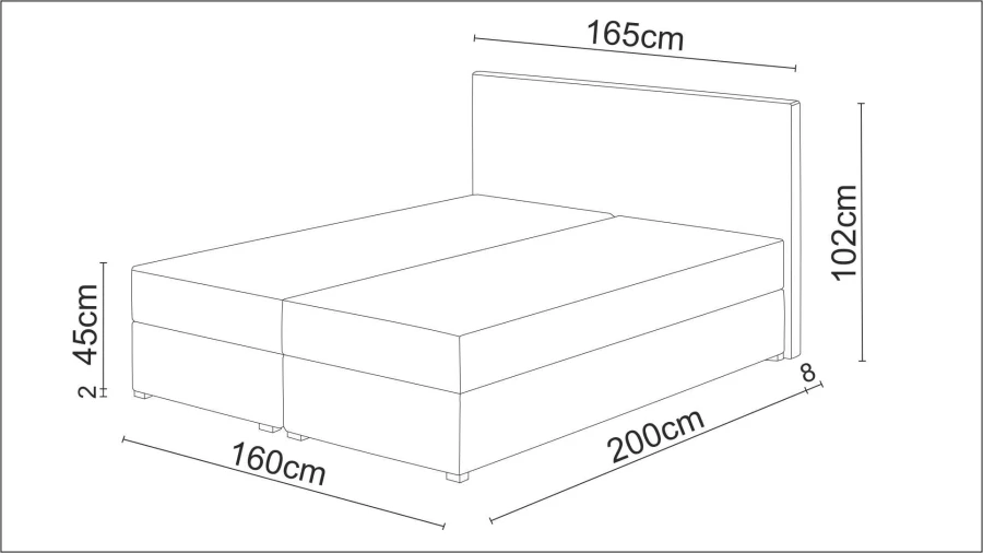 Technische Skizze mit Maßen für ein 160x200 cm Polsterbett: 102 cm Höhe, 160 cm Breite.