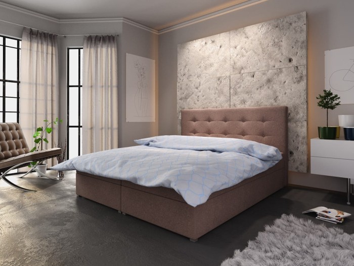 Modernes Boxspringbett in Braun mit gestepptem Kopfteil und hellblauer Bettwäsche im Schlafzimmer.