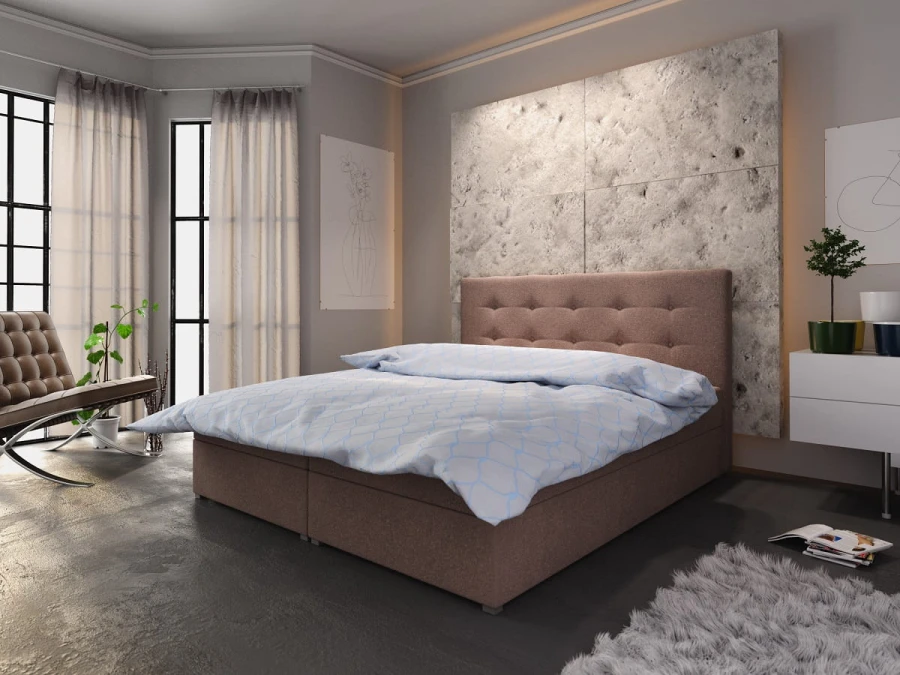 Modernes Boxspringbett in Braun mit gestepptem Kopfteil und hellblauer Bettwäsche im Schlafzimmer.