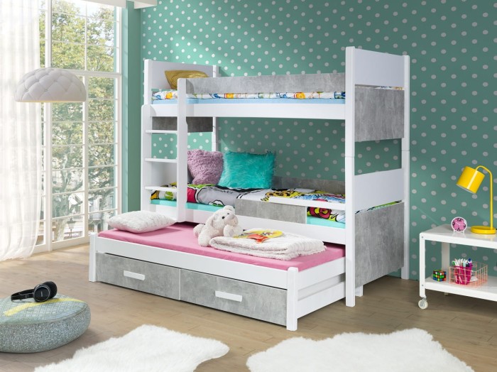 Etagenbett für 3 Kinder AUGUSTIN Weiß + Beton Laminatplatte