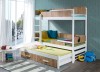 Platzsparendes Etagenbett in Weiß und Eiche mit Ausziehbett und Schubkästen für Kinder.