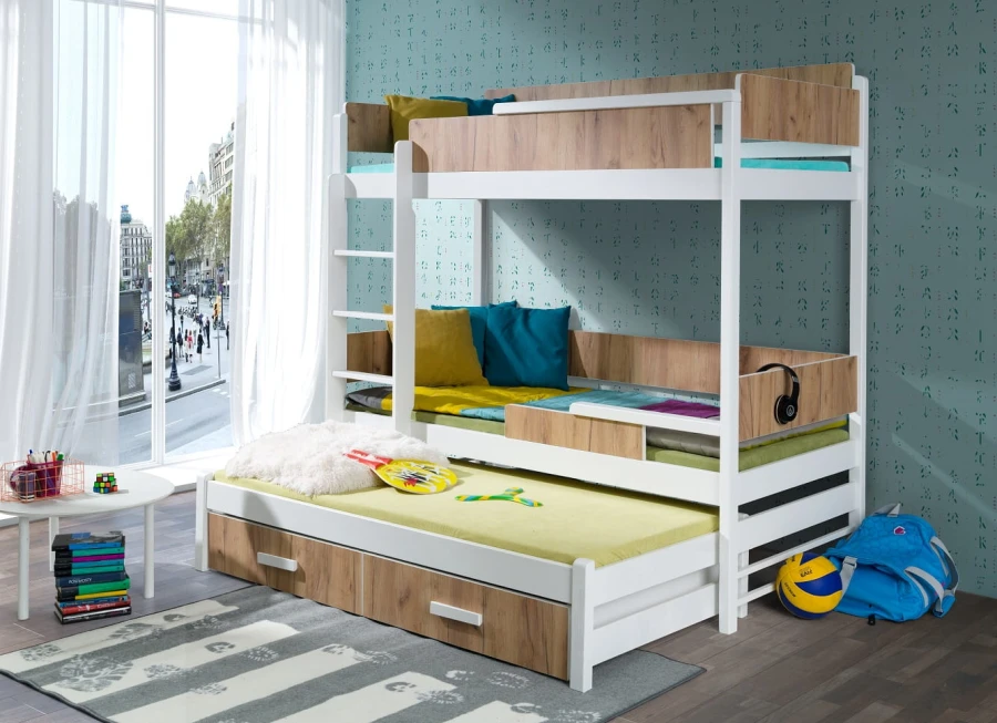 Platzsparendes Etagenbett in Weiß und Eiche mit Ausziehbett und Schubkästen für Kinder.
