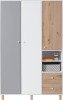 Dreitüriger Kleiderschrank in Weiß, Grau und Eiche mit praktischen offenen Ablagefächern.
