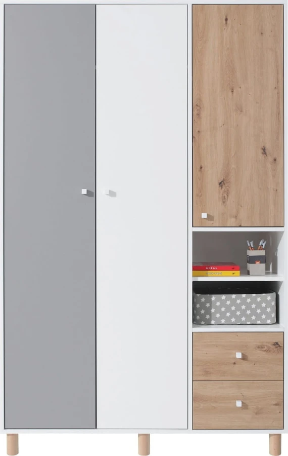 Dreitüriger Kleiderschrank in Weiß, Grau und Eiche mit praktischen offenen Ablagefächern.
