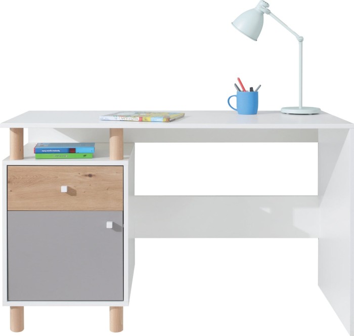 Weißer Kinderschreibtisch mit integriertem Regal, Holzschublade und grauer Tür.