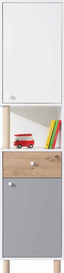 Schmaler Kinderzimmerschrank in Weiß, Grau und Eiche mit Tür, Schublade und offenem Regalfach.