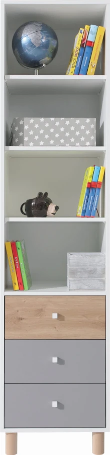 Offenes Standregal für Kinder mit drei farbigen Schubladen in Grau und Eiche sowie vier Regalfächern.