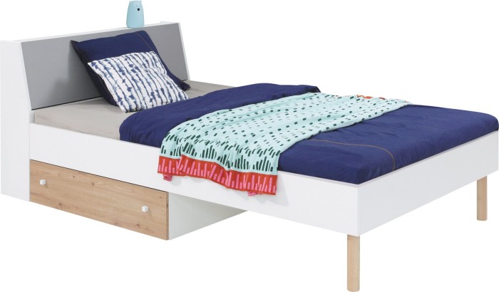 Modernes weiß-graues Jugendbett mit Bettkasten und stabilen Füßen aus Holz