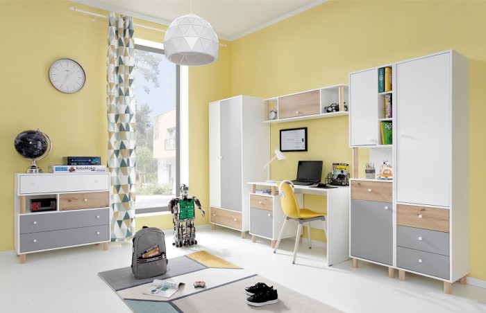 Kinderzimmerset in Weiß, Grau und Eiche mit Schreibtisch, Kleiderschrank und Kommode