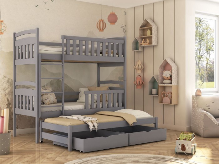 Graues Etagenbett für drei Kinder mit Ausziehbett und Bettkasten-Schubladen.