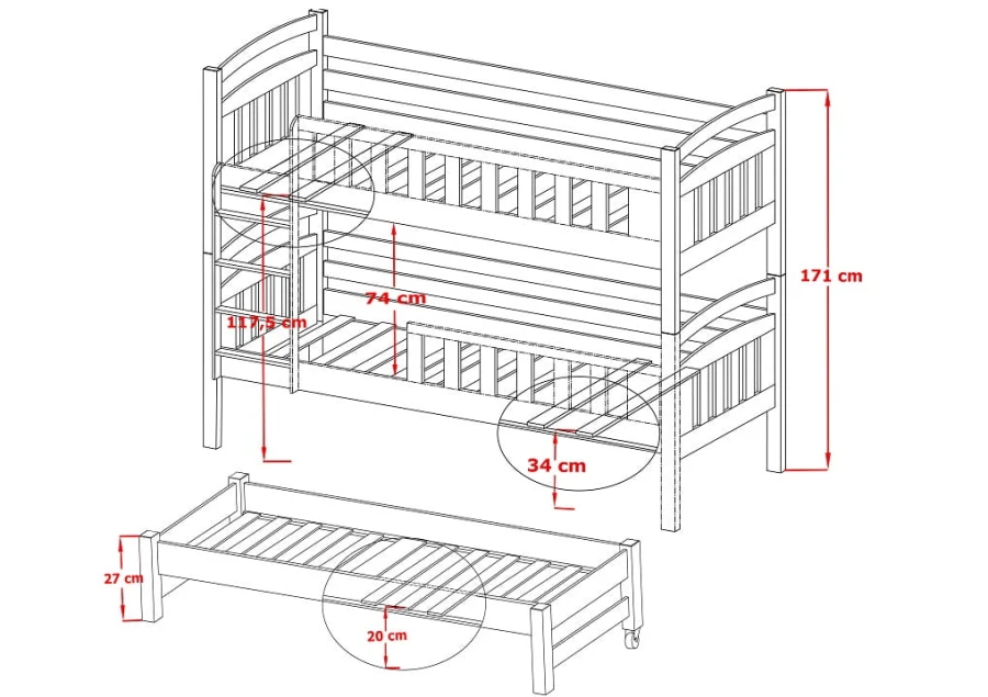 Technische tekening met afmetingen voor een stapelbed voor kinderen met drie verdiepingen.