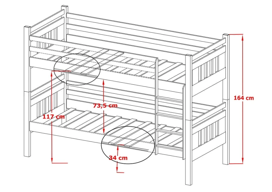 Dimensional sketch for a classic solid wood bunk bed.