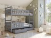 Grey wooden bunk bed in the children's room with drawers and decoration.